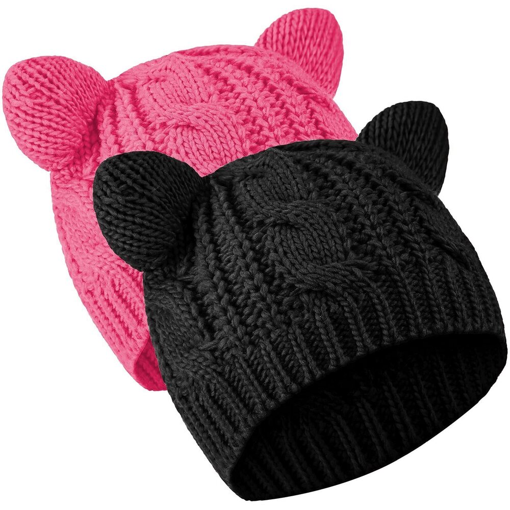 1141 Cat Ear Beanie Hats Cute Cat Knitted Winter Knit Cable Hat Black, Rose